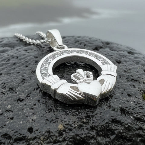 Load image into Gallery viewer, Claddagh Necklace, Celtic Pendant, Irish Jewelry, Bridal Jewelry, Anniversary Gift, Engagement Gift, Girlfriend Gift, Diamond Claddagh Gift

