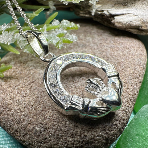 Load image into Gallery viewer, Claddagh Necklace, Celtic Pendant, Irish Jewelry, Bridal Jewelry, Anniversary Gift, Engagement Gift, Girlfriend Gift, Diamond Claddagh Gift
