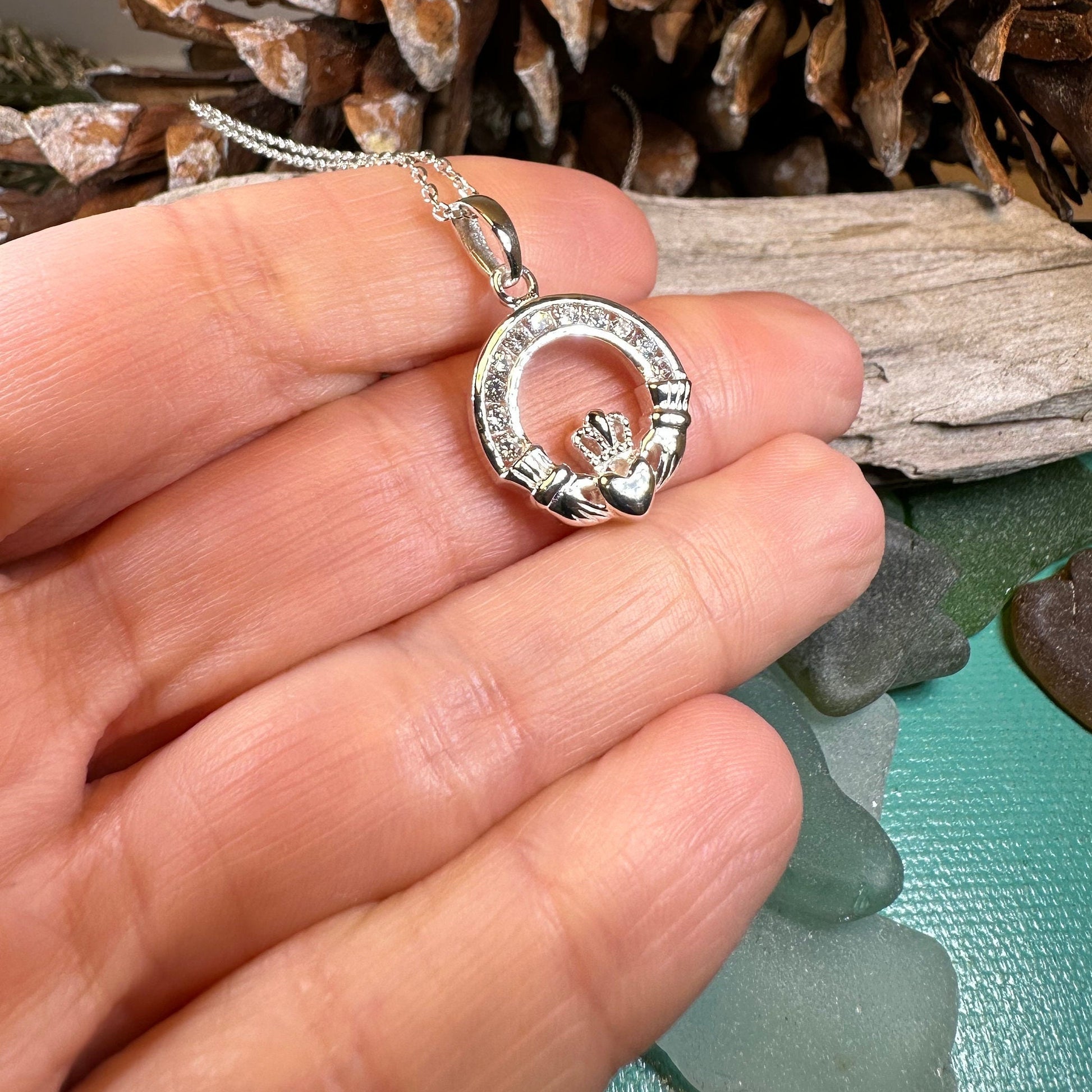 Claddagh Necklace, Celtic Pendant, Irish Jewelry, Bridal Jewelry, Anniversary Gift, Engagement Gift, Girlfriend Gift, Diamond Claddagh Gift