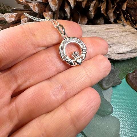 Load image into Gallery viewer, Claddagh Necklace, Celtic Pendant, Irish Jewelry, Bridal Jewelry, Anniversary Gift, Engagement Gift, Girlfriend Gift, Diamond Claddagh Gift
