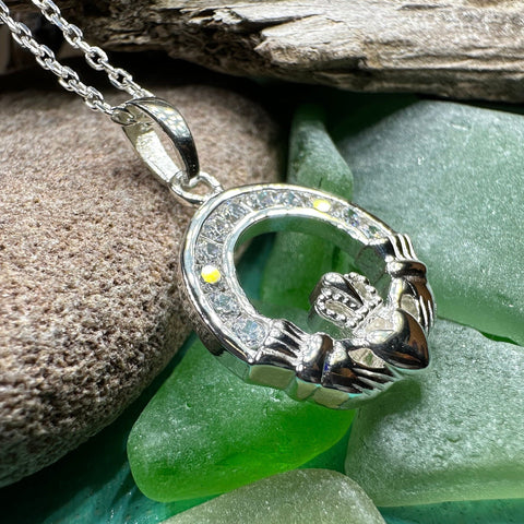 Load image into Gallery viewer, Claddagh Necklace, Celtic Pendant, Irish Jewelry, Bridal Jewelry, Anniversary Gift, Engagement Gift, Girlfriend Gift, Diamond Claddagh Gift
