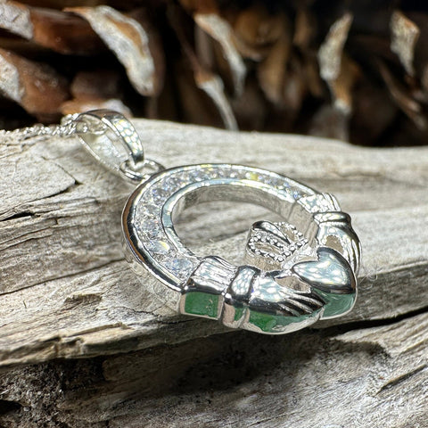 Load image into Gallery viewer, Claddagh Necklace, Celtic Pendant, Irish Jewelry, Bridal Jewelry, Anniversary Gift, Engagement Gift, Girlfriend Gift, Diamond Claddagh Gift
