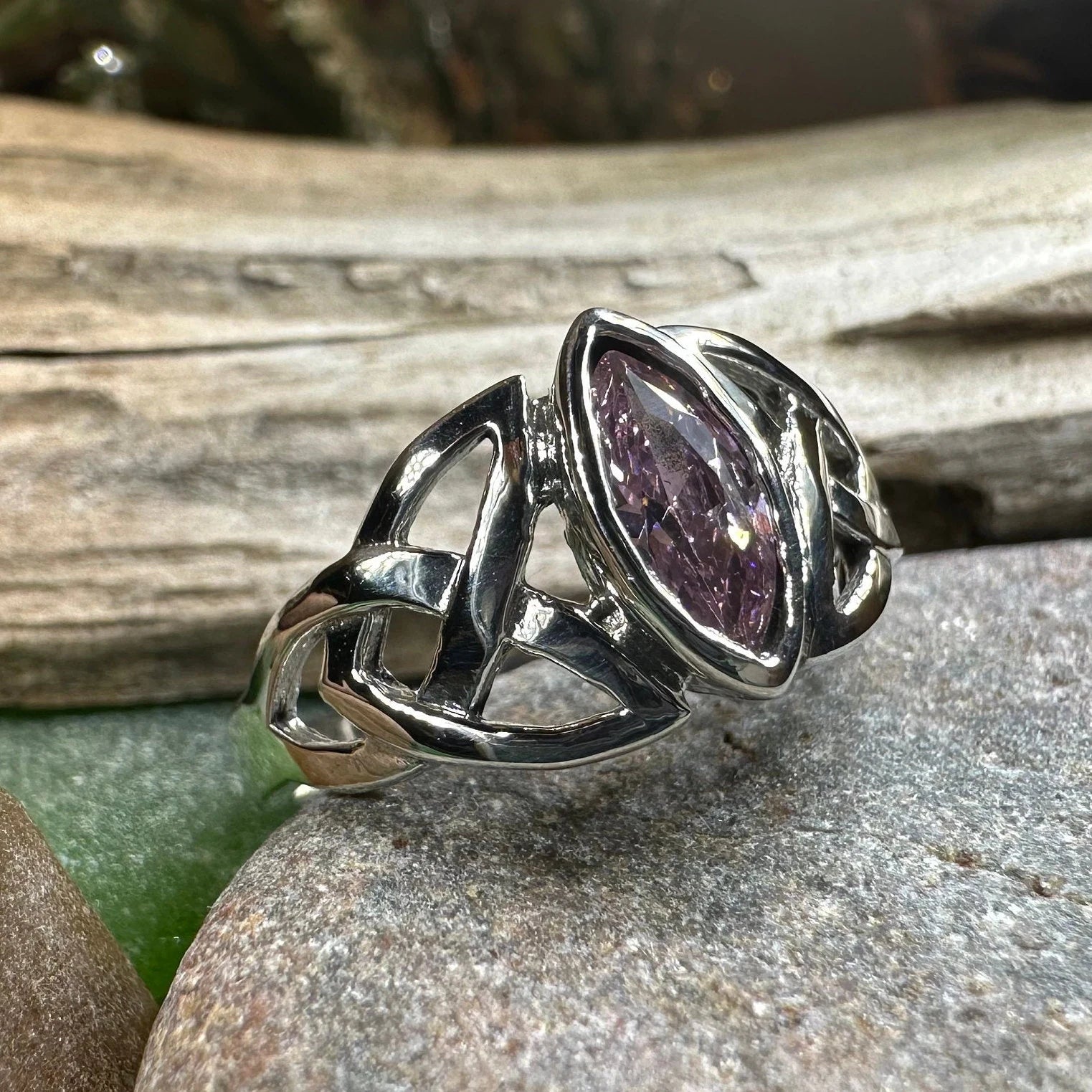 Pink Celtic Trinity Knot Ring in Sterling Silver — view 7