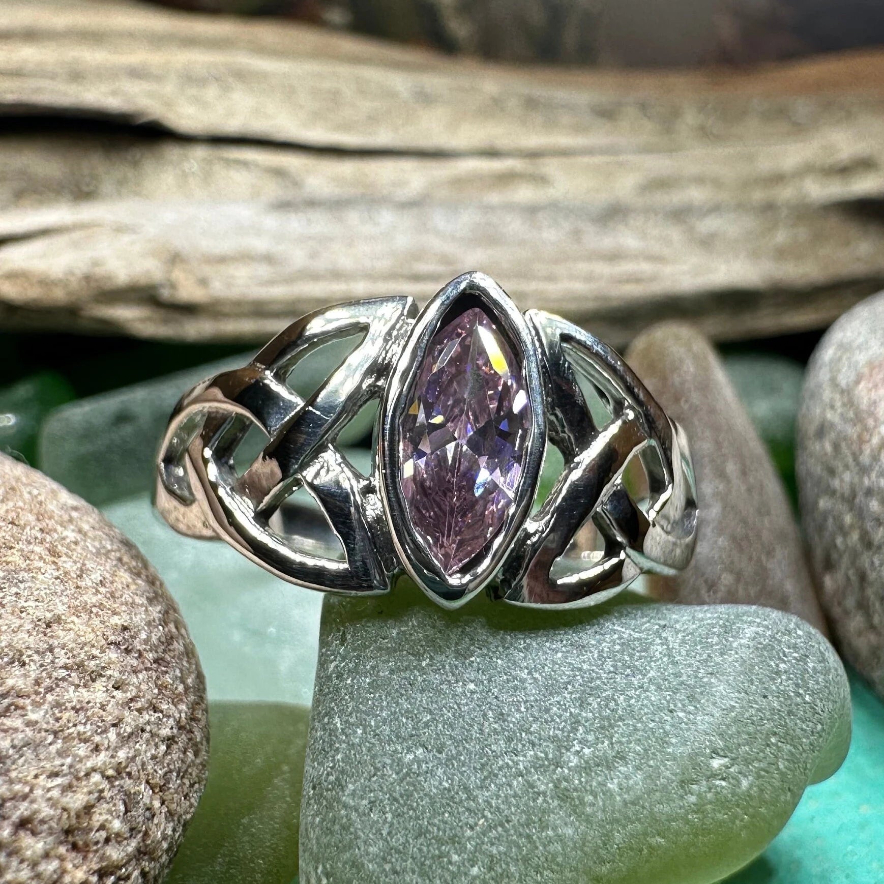 Pink Celtic Trinity Knot Ring in Sterling Silver — view 6