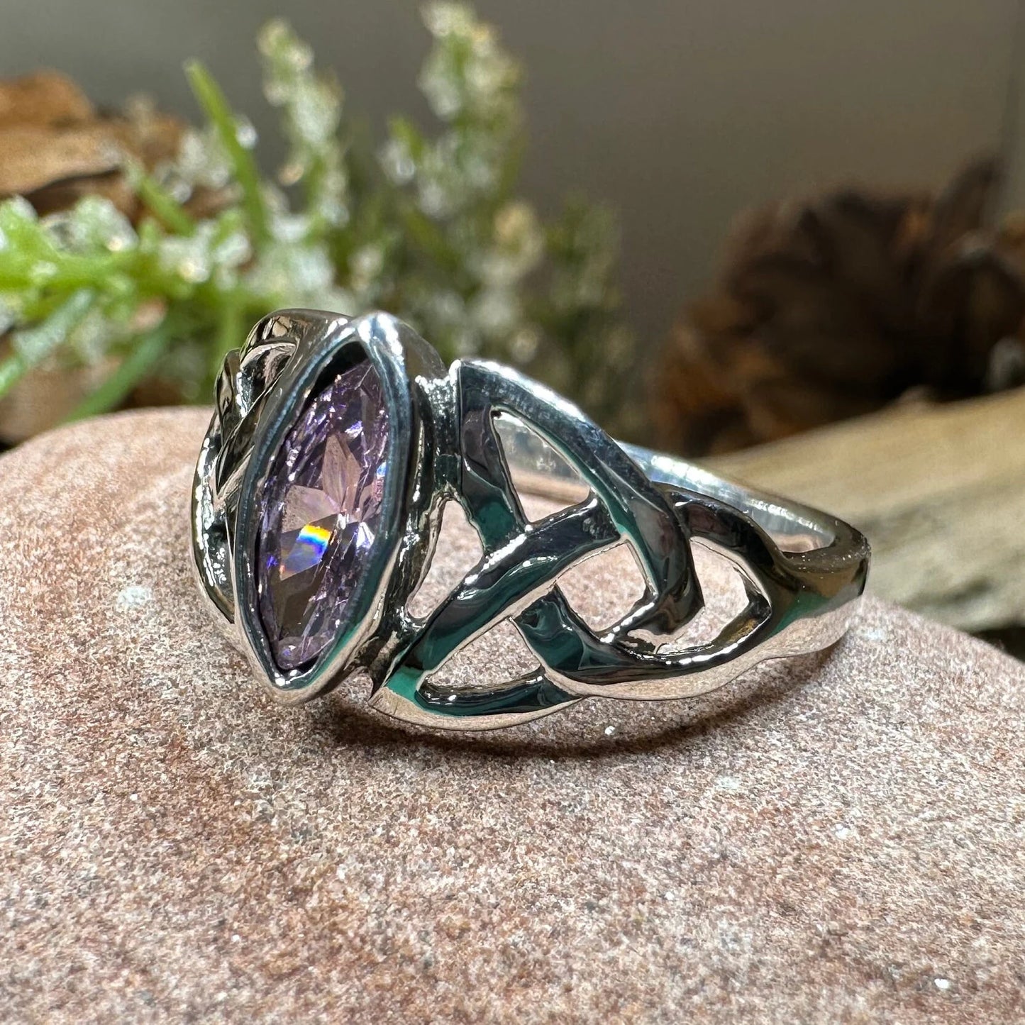 Pink Celtic Trinity Knot Ring in Sterling Silver — view 5