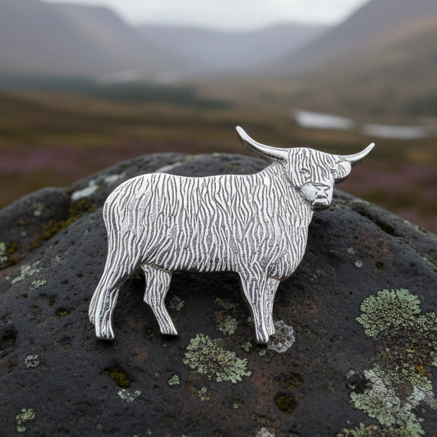 Realistic Highland Cow Brooch - Handmade in Scotland in silver