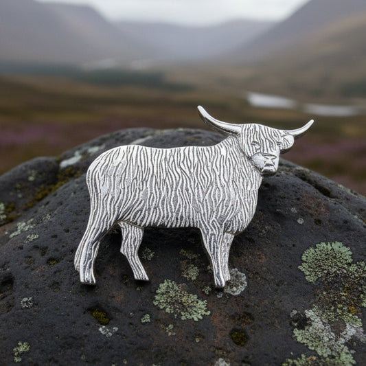 Highland Cow Brooch, Highland Coo, Scottish Pin, Anniversary Gift, Scotland Pin, Cow Lover Gift Cattle, Rancher, Silver Hairy Coo, Wife Gift