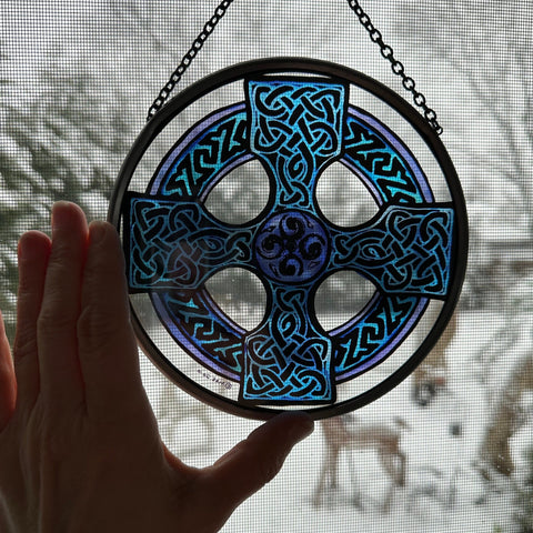 Load image into Gallery viewer, Celtic Cross Wall Decor, Ireland Gift, Stained Glass Celtic Knot, New Home Gift, Irish Wedding Gift, Scottish Gift, Blue Celtic Wall Cross
