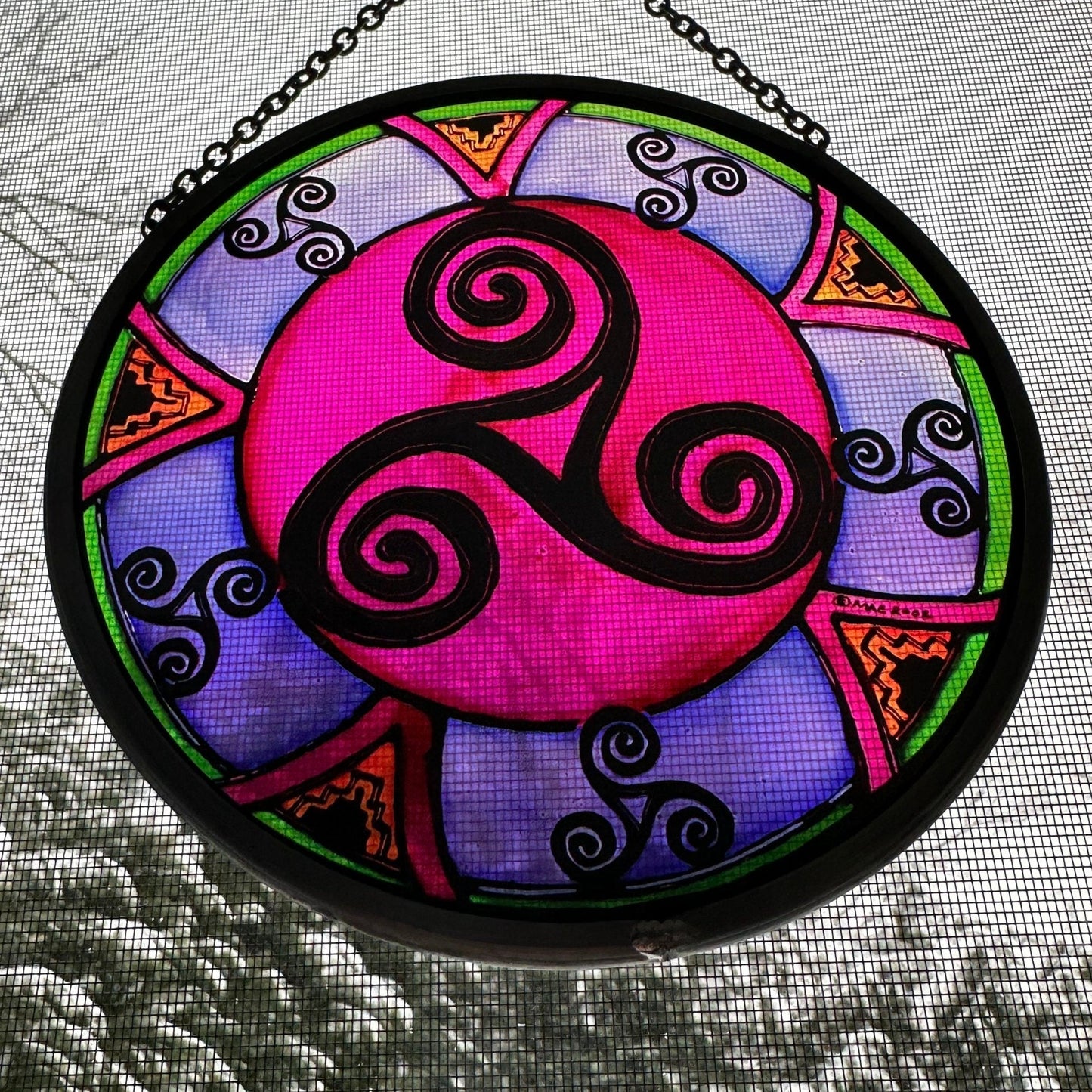 Purple Swirls Celtic Spiral Suncatcher in stained glass