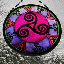 Load image into Gallery viewer, Celtic Spiral Wall Decor, Ireland Gift, Stained Glass Celtic Knot, New Home Gift, Irish Wedding Gift, Scottish Gift, Purple Celtic Swirls
