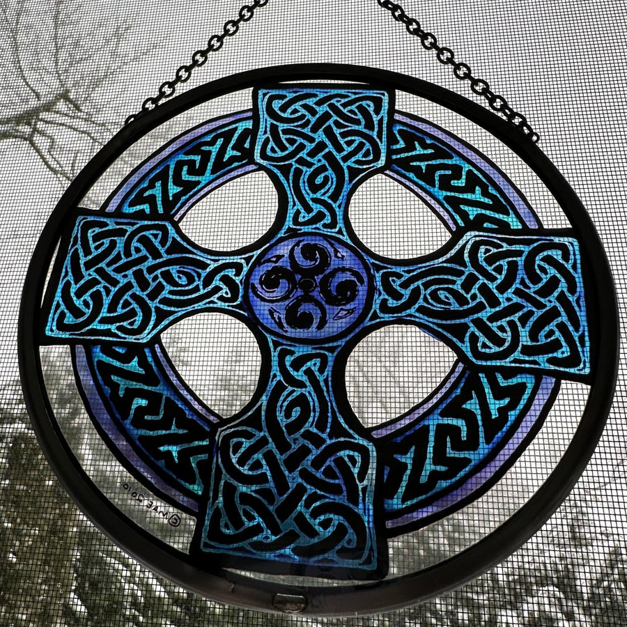 Celtic Cross Wall Decor, Ireland Gift, Stained Glass Celtic Knot, New Home Gift, Irish Wedding Gift, Scottish Gift, Blue Celtic Wall Cross