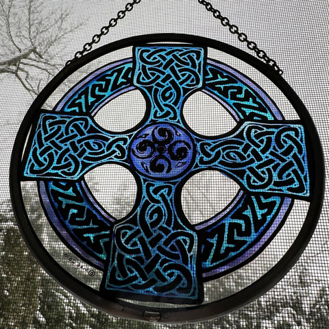 Load image into Gallery viewer, Celtic Cross Wall Decor, Ireland Gift, Stained Glass Celtic Knot, New Home Gift, Irish Wedding Gift, Scottish Gift, Blue Celtic Wall Cross
