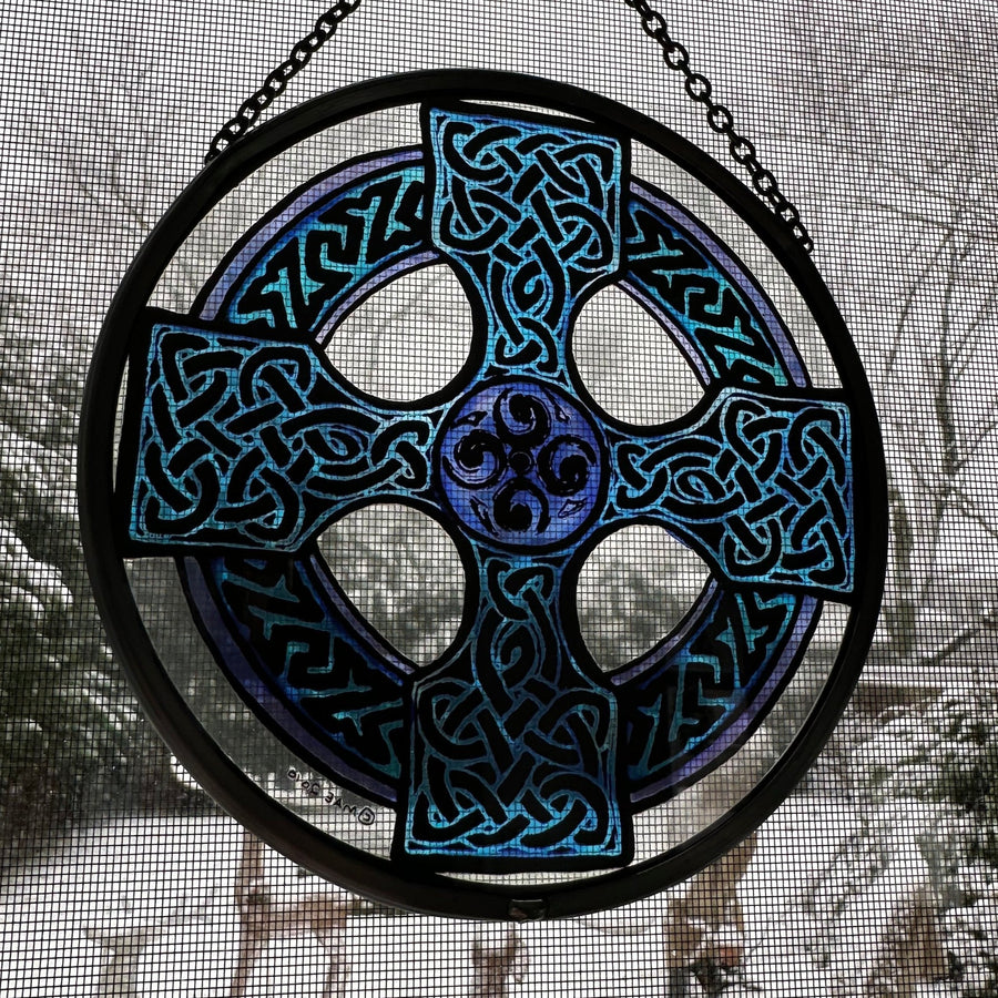 Celtic Cross Wall Decor, Ireland Gift, Stained Glass Celtic Knot, New Home Gift, Irish Wedding Gift, Scottish Gift, Blue Celtic Wall Cross