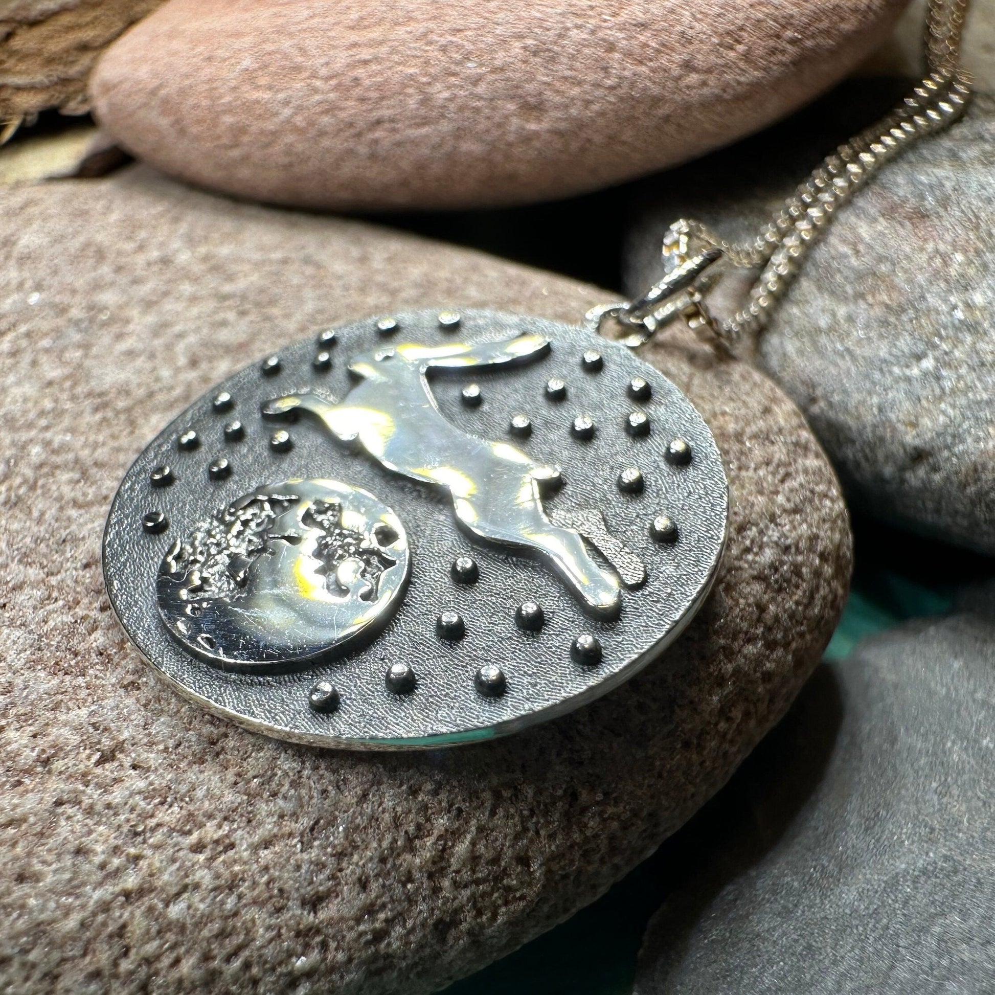 Rabbit Necklace, Nature Jewelry, Full Moon Pendant, Hare Necklace, Bunny, Animal Jewelry, New Beginnings, Inspirational Gift, Wiccan Jewelry