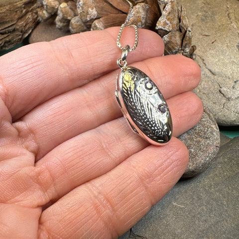Load image into Gallery viewer, Flower Locket Necklace, Amethyst Pendant, Celtic Jewelry, Anniversary Gift, Bridal Jewelry, Keepsake Jewelry, Oval Locket Necklace, Mom Gift
