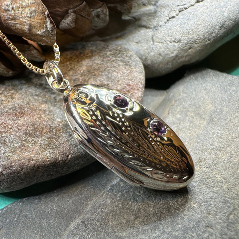 Load image into Gallery viewer, Flower Locket Necklace, Amethyst Pendant, Celtic Jewelry, Anniversary Gift, Bridal Jewelry, Keepsake Jewelry, Oval Locket Necklace, Mom Gift
