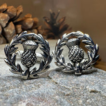 Load image into Gallery viewer, Thistle Cuff Links, Scotland Jewelry, Men&#39;s Celtic Jewelry, Bagpiper Jewelry Gift, Groom Gift, Boyfriend Gift, Scottish Husband Gift
