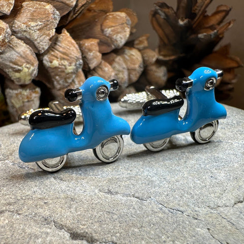Load image into Gallery viewer, Vespa Cuff Links, Men's Jewelry, Italy Jewelry, Blue Cufflinks Gift, Groom Gift, Boyfriend Gift, Scooter Husband Gift, Unique Cuff Links
