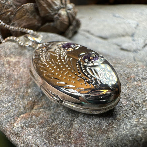 Load image into Gallery viewer, Flower Locket Necklace, Amethyst Pendant, Celtic Jewelry, Anniversary Gift, Bridal Jewelry, Keepsake Jewelry, Oval Locket Necklace, Mom Gift
