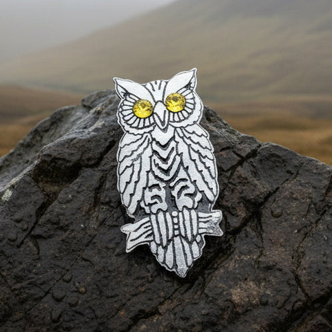 Load image into Gallery viewer, Owl Brooch, Nature Pin, Bird Jewelry, Bird Lover Gift, Wiccan Jewelry, Pagan Jewelry, Enamel Pin, Halloween Jewelry, Teacher Gift
