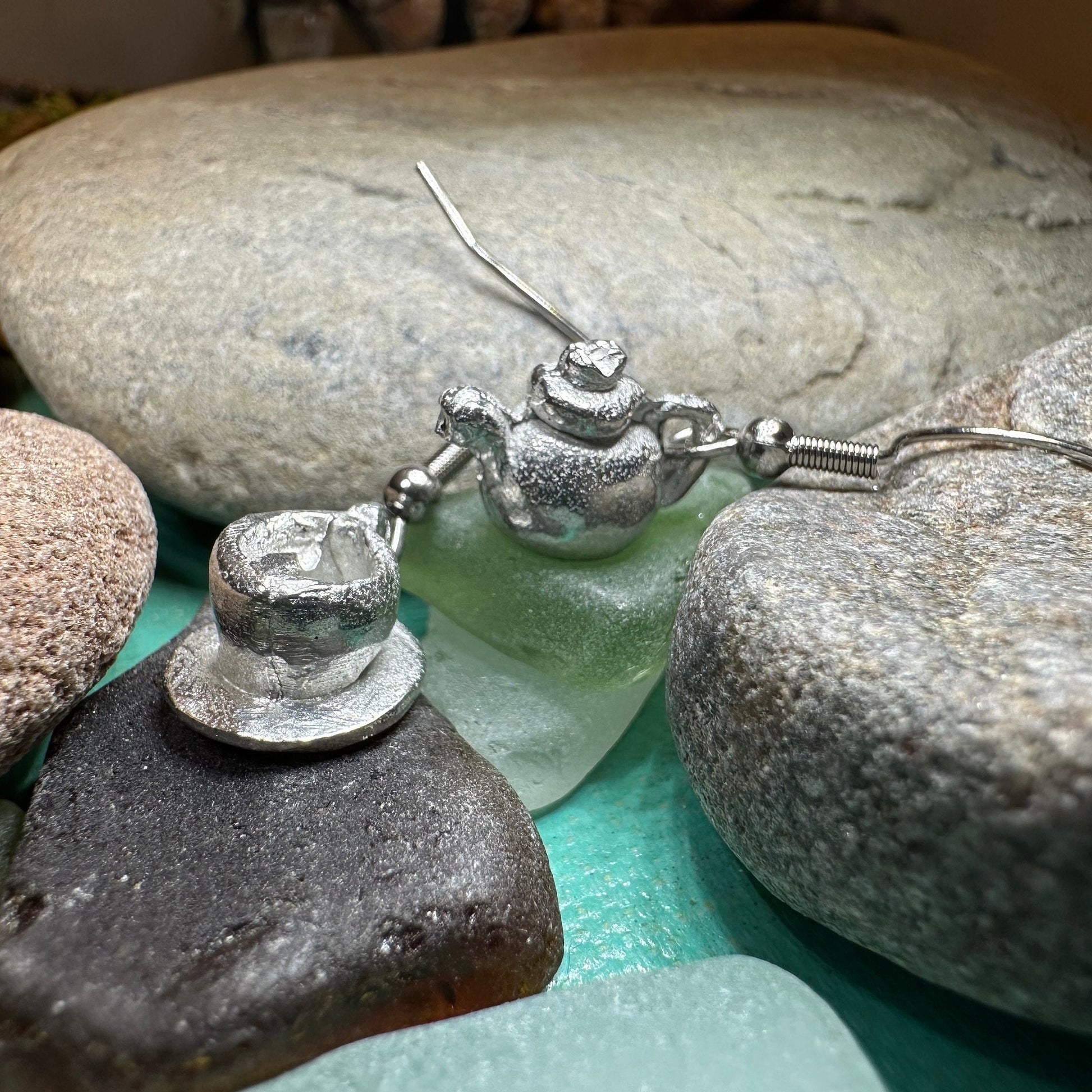 Teapot & Cup Earrings, Irish Jewelry, Tea Drinker Gift, Celtic Jewelry, Mom Gift, Wife Gift, Girlfriend Gift, Pewter Teacup Gift
