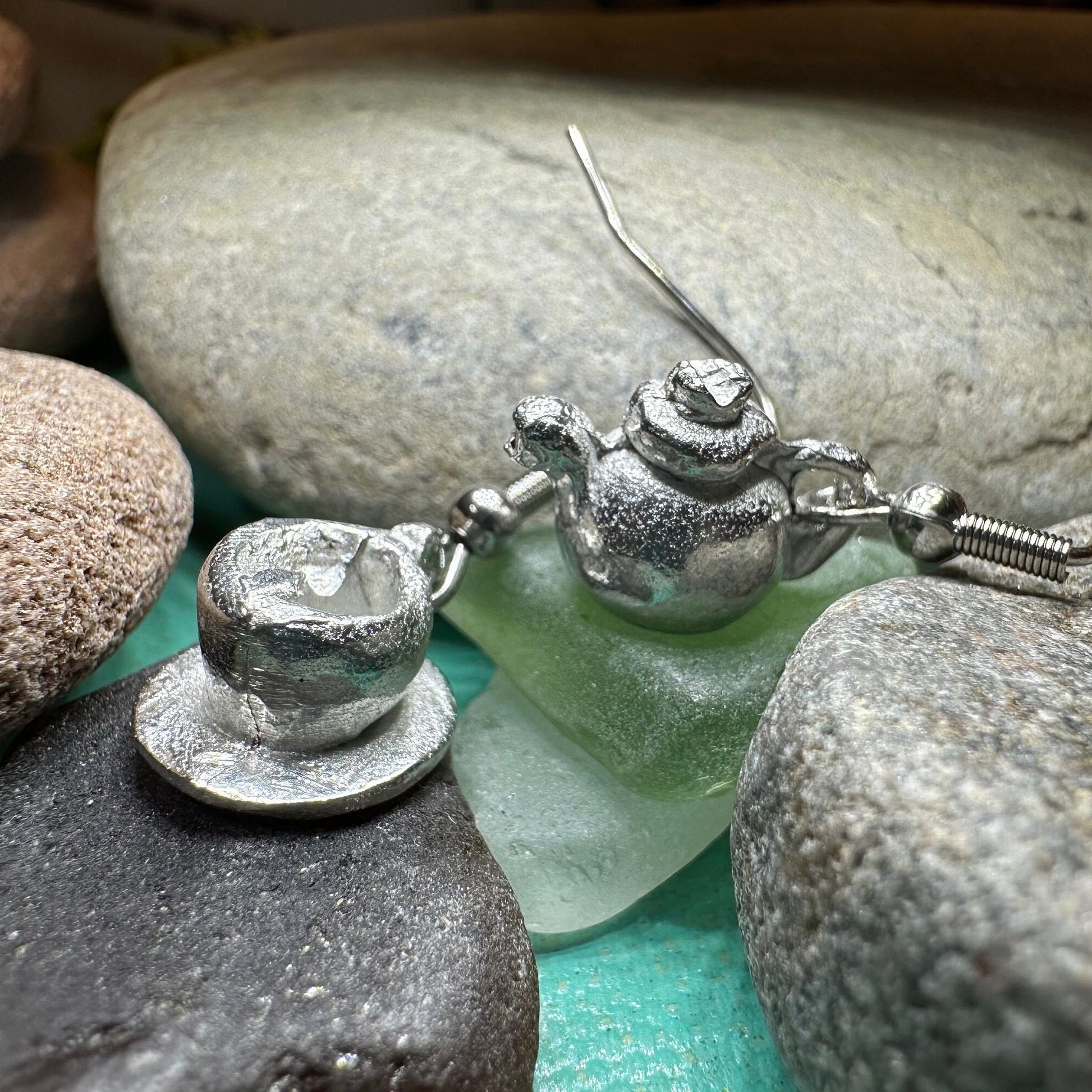 Teapot & Cup Earrings, Irish Jewelry, Tea Drinker Gift, Celtic Jewelry, Mom Gift, Wife Gift, Girlfriend Gift, Pewter Teacup Gift