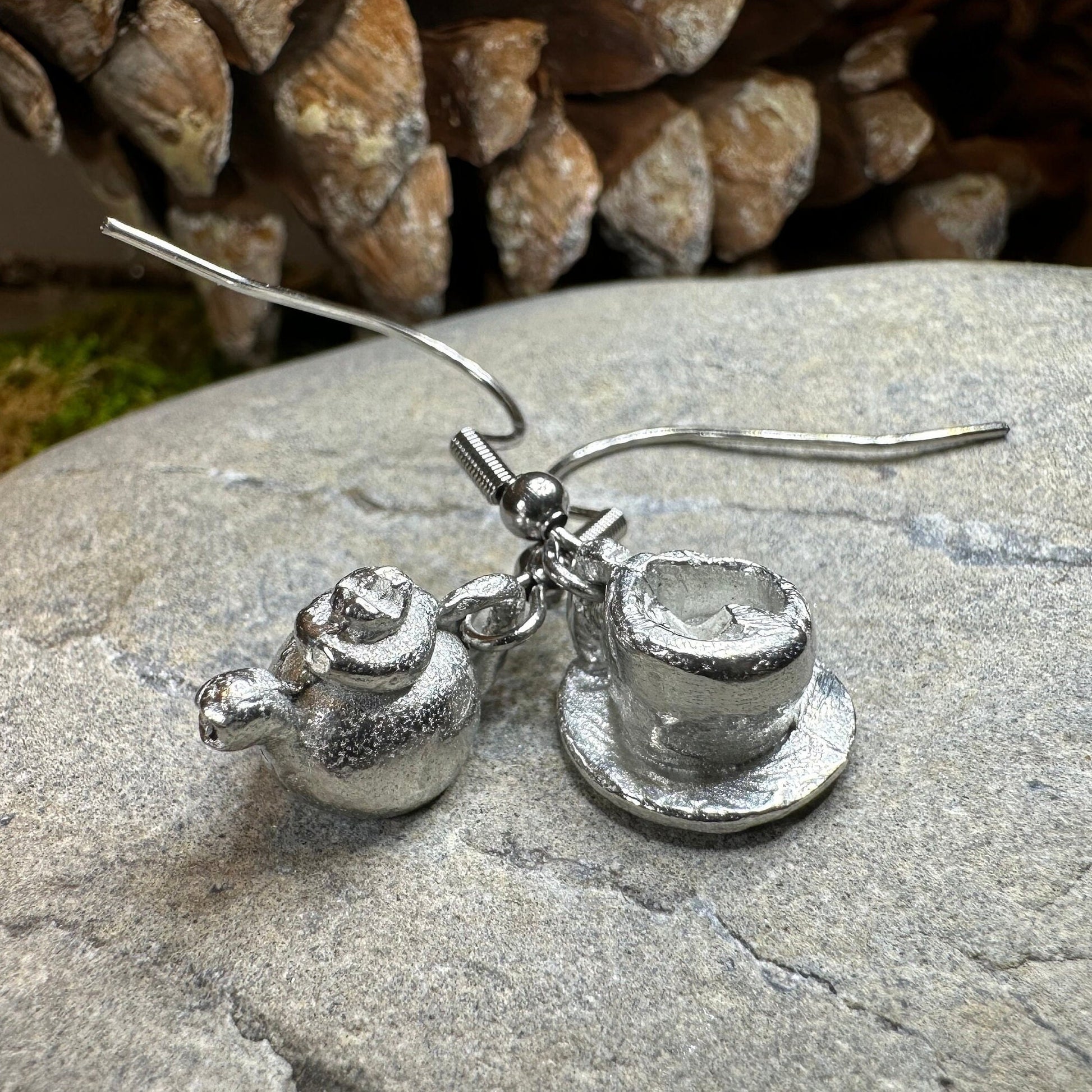 Teapot & Cup Earrings, Irish Jewelry, Tea Drinker Gift, Celtic Jewelry, Mom Gift, Wife Gift, Girlfriend Gift, Pewter Teacup Gift