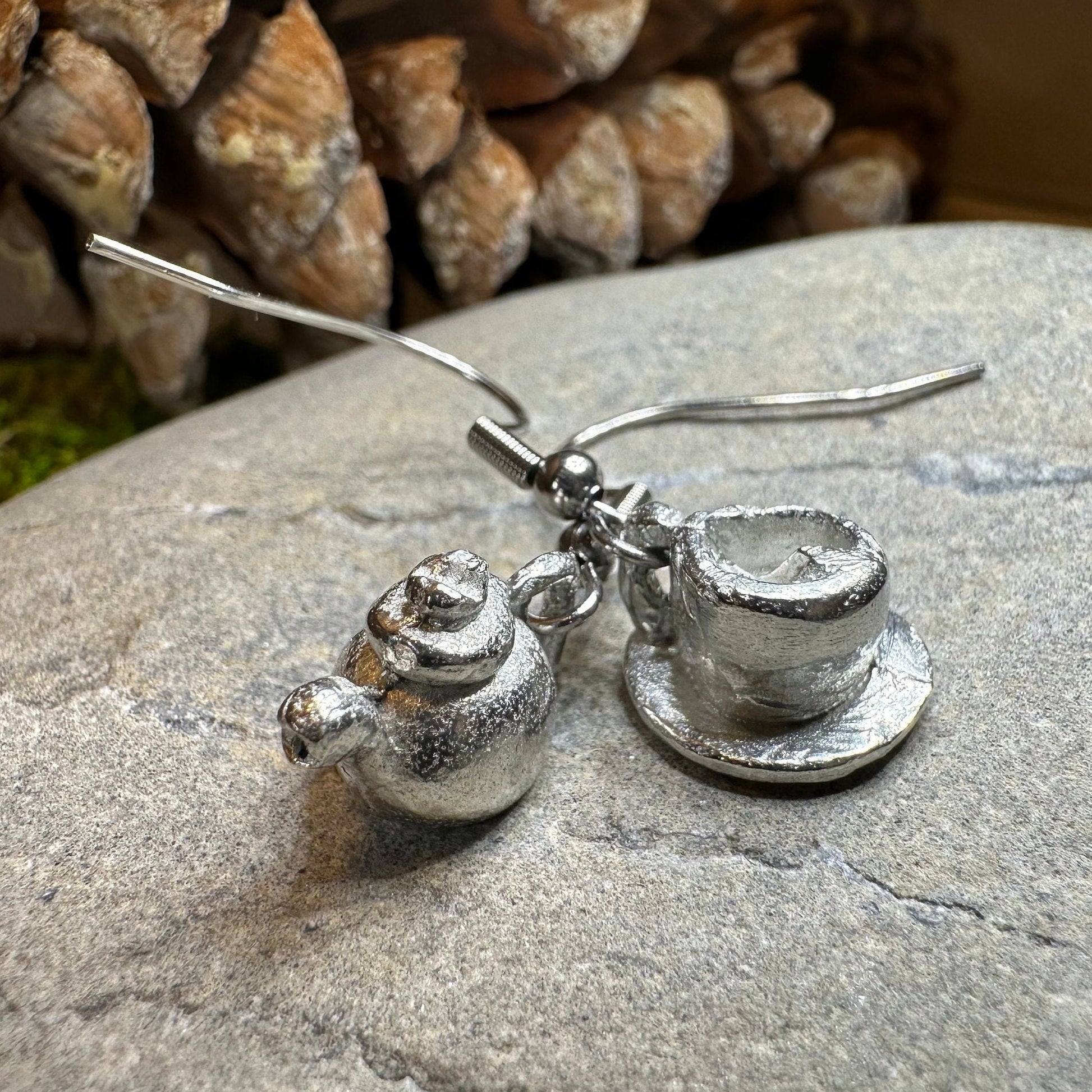 Teapot & Cup Earrings, Irish Jewelry, Tea Drinker Gift, Celtic Jewelry, Mom Gift, Wife Gift, Girlfriend Gift, Pewter Teacup Gift
