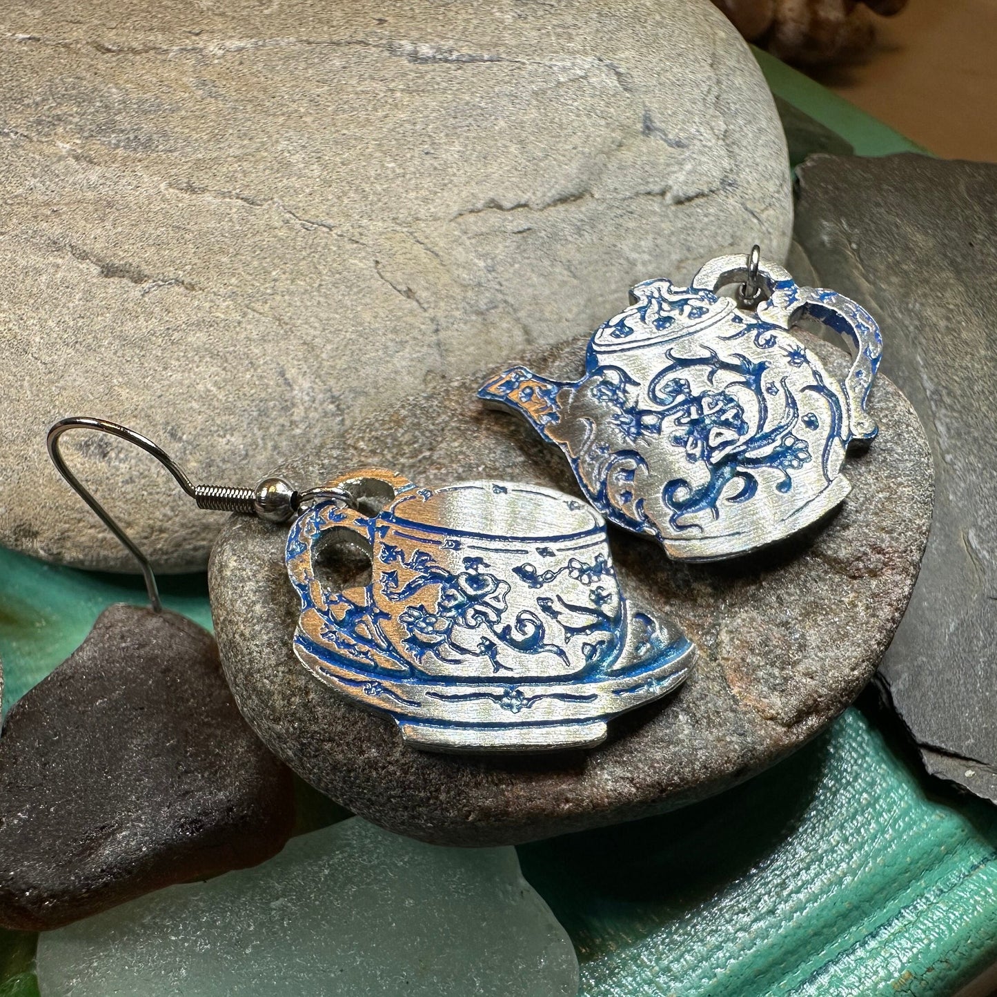 Teapot & Cup Earrings, Irish Jewelry, Tea Drinker Gift, Celtic Jewelry, Mom Gift, Wife Gift, Girlfriend Gift, Pewter Teacup Gift