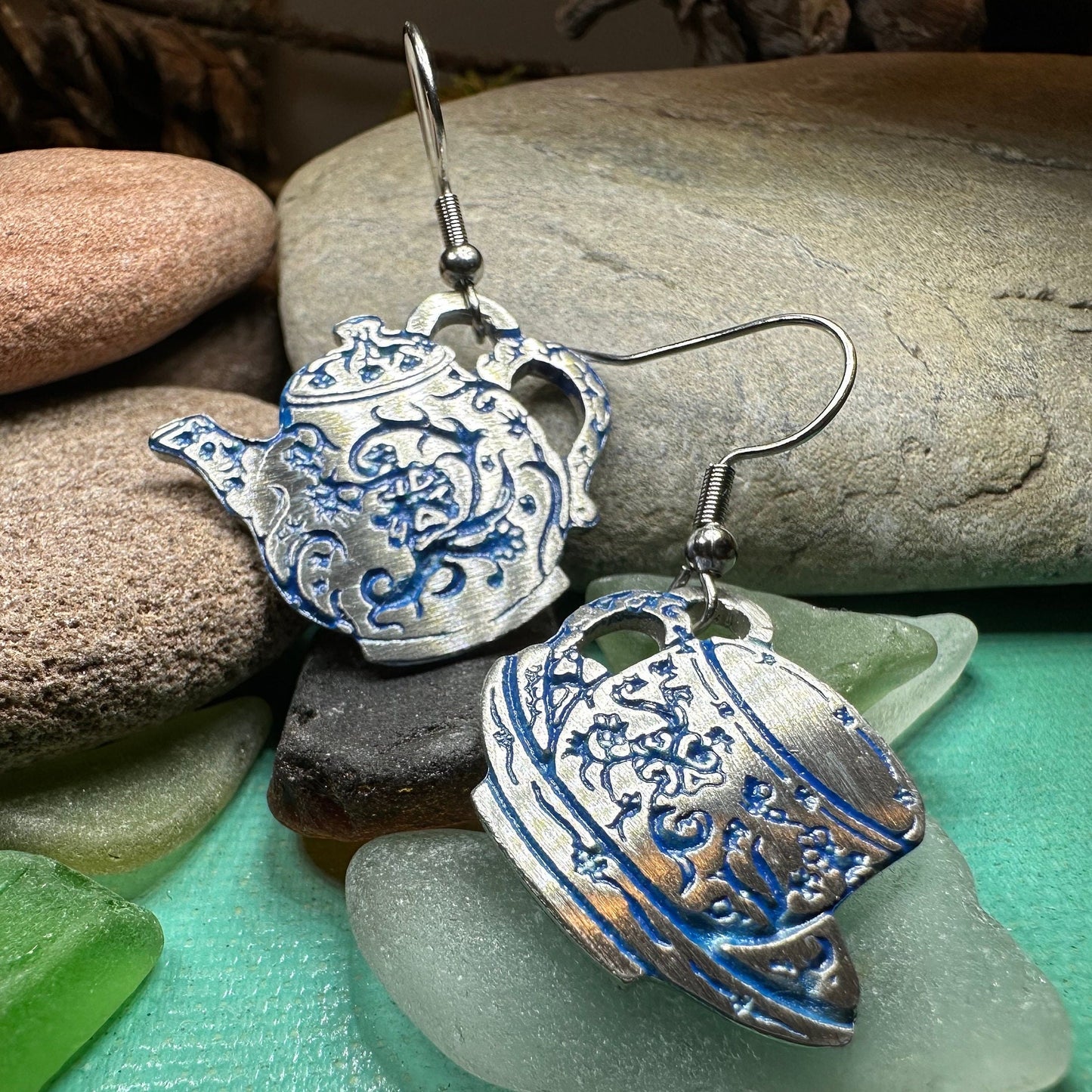 Teapot & Cup Earrings, Irish Jewelry, Tea Drinker Gift, Celtic Jewelry, Mom Gift, Wife Gift, Girlfriend Gift, Pewter Teacup Gift