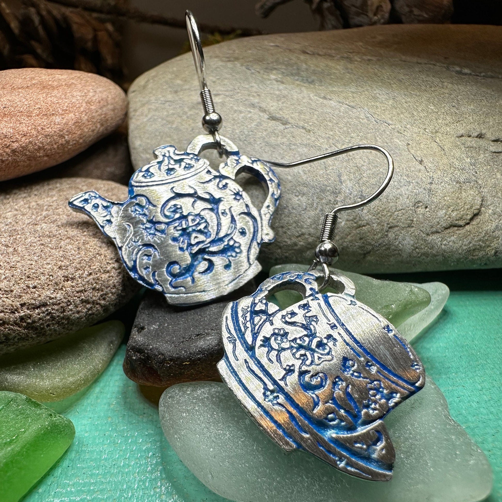 Teapot & Cup Earrings, Irish Jewelry, Tea Drinker Gift, Celtic Jewelry, Mom Gift, Wife Gift, Girlfriend Gift, Pewter Teacup Gift