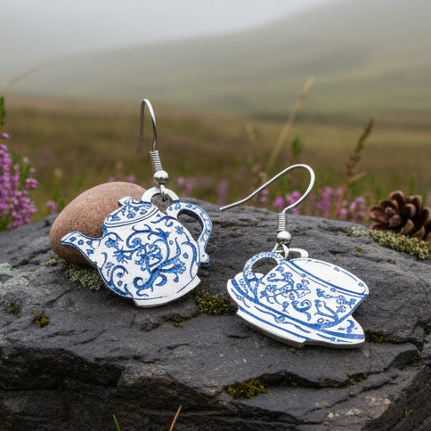 Teapot & Cup Earrings, Irish Jewelry, Tea Drinker Gift, Celtic Jewelry, Mom Gift, Wife Gift, Girlfriend Gift, Pewter Teacup Gift