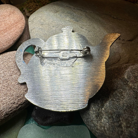 Load image into Gallery viewer, Teapot Brooch, Irish Jewelry, Tea Drinker Gift, Celtic Jewelry, Mom Gift, Wife Gift, Girlfriend Gift, Pewter Teacup Gift, Blue Ladies Pin
