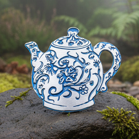 Load image into Gallery viewer, Teapot Brooch, Irish Jewelry, Tea Drinker Gift, Celtic Jewelry, Mom Gift, Wife Gift, Girlfriend Gift, Pewter Teacup Gift, Blue Ladies Pin

