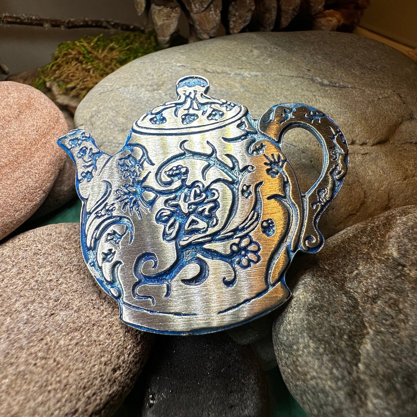 Teapot Brooch, Irish Jewelry, Tea Drinker Gift, Celtic Jewelry, Mom Gift, Wife Gift, Girlfriend Gift, Pewter Teacup Gift, Blue Ladies Pin