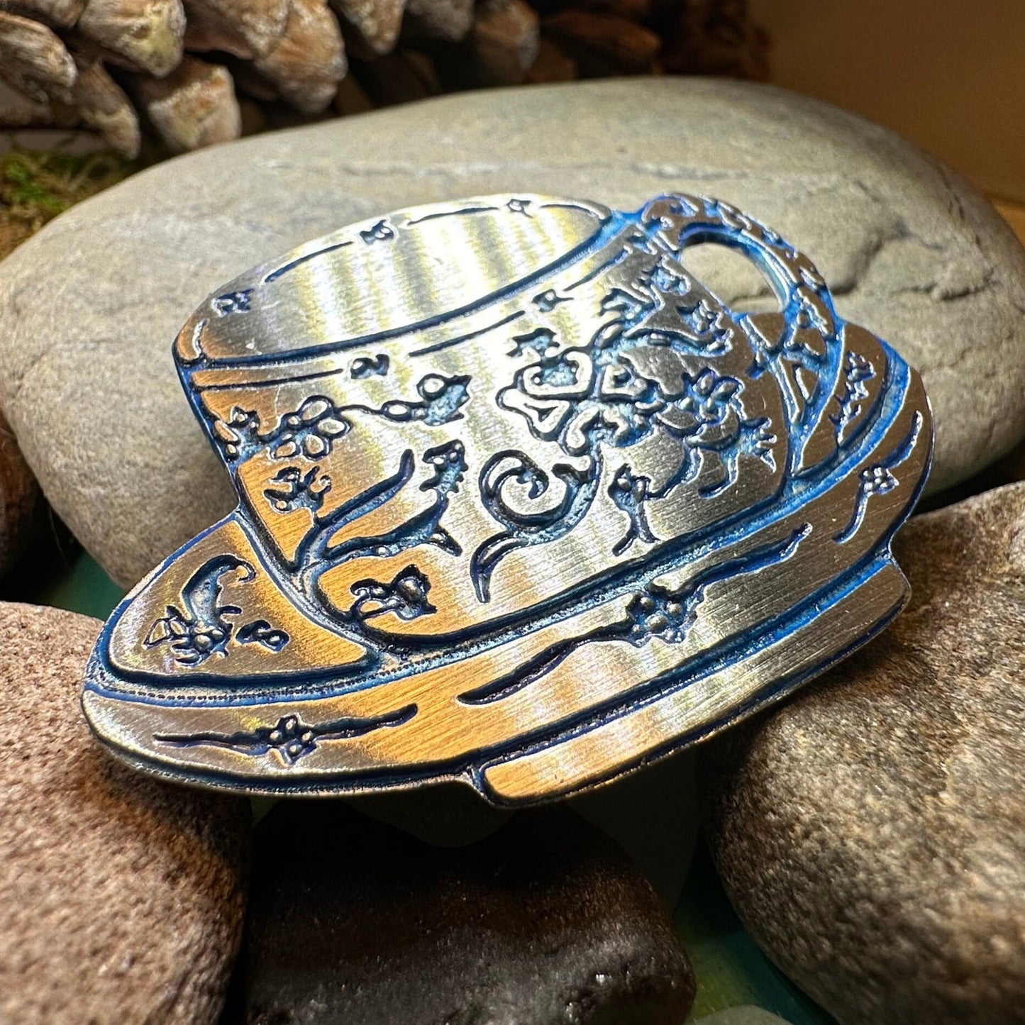 Teacup Brooch, Irish Jewelry, Tea Drinker Gift, Celtic Jewelry, Mom Gift, Wife Gift, Girlfriend Gift, Pewter Teacup Gift, Blue Ladies Pin