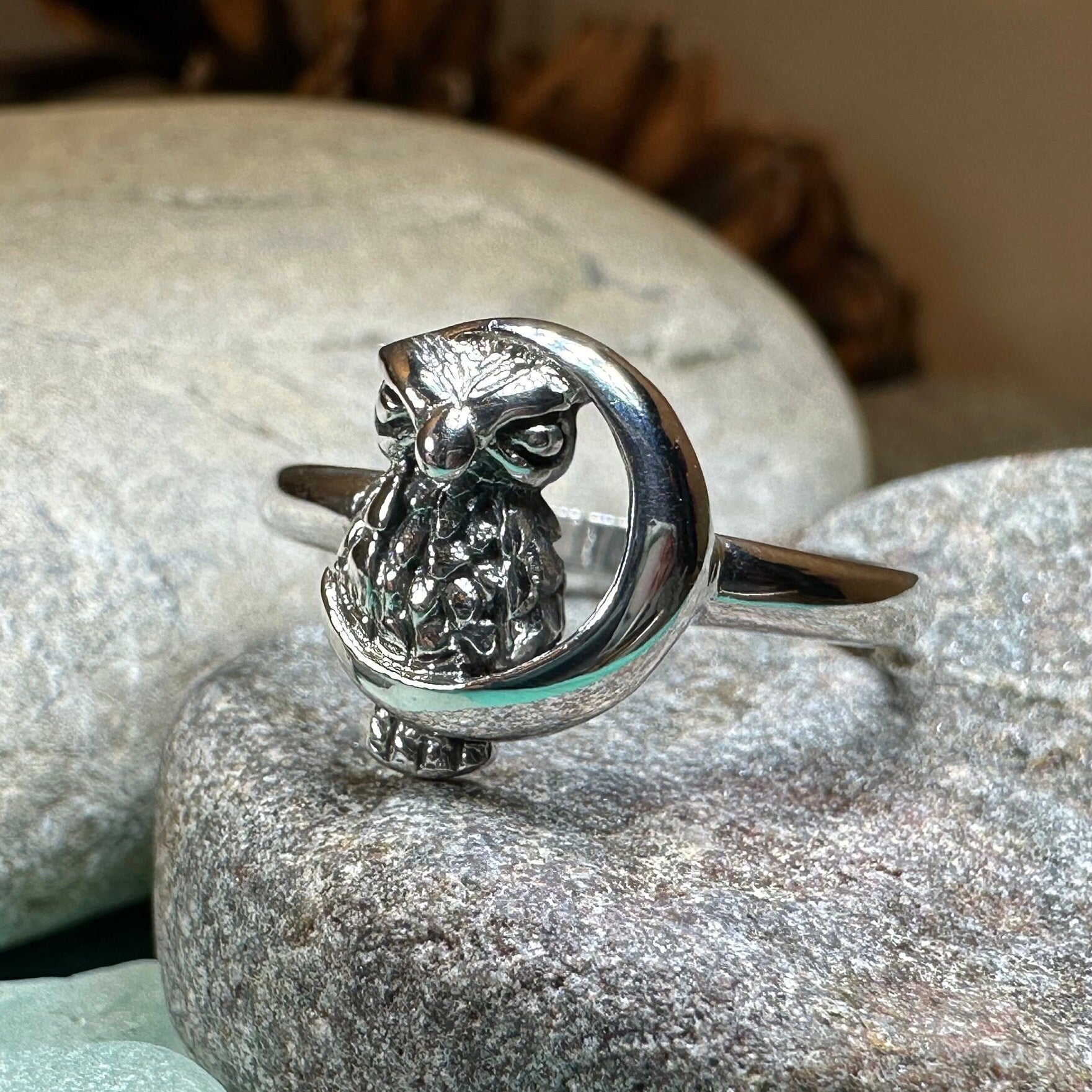 Owl Ring, Moon Jewelry, Silver Owl Jewelry, Nature Jewelry, Celtic Jewelry, Anniversary Gift, Wiccan Jewelry, Pagan Jewelry, Crescent Moon