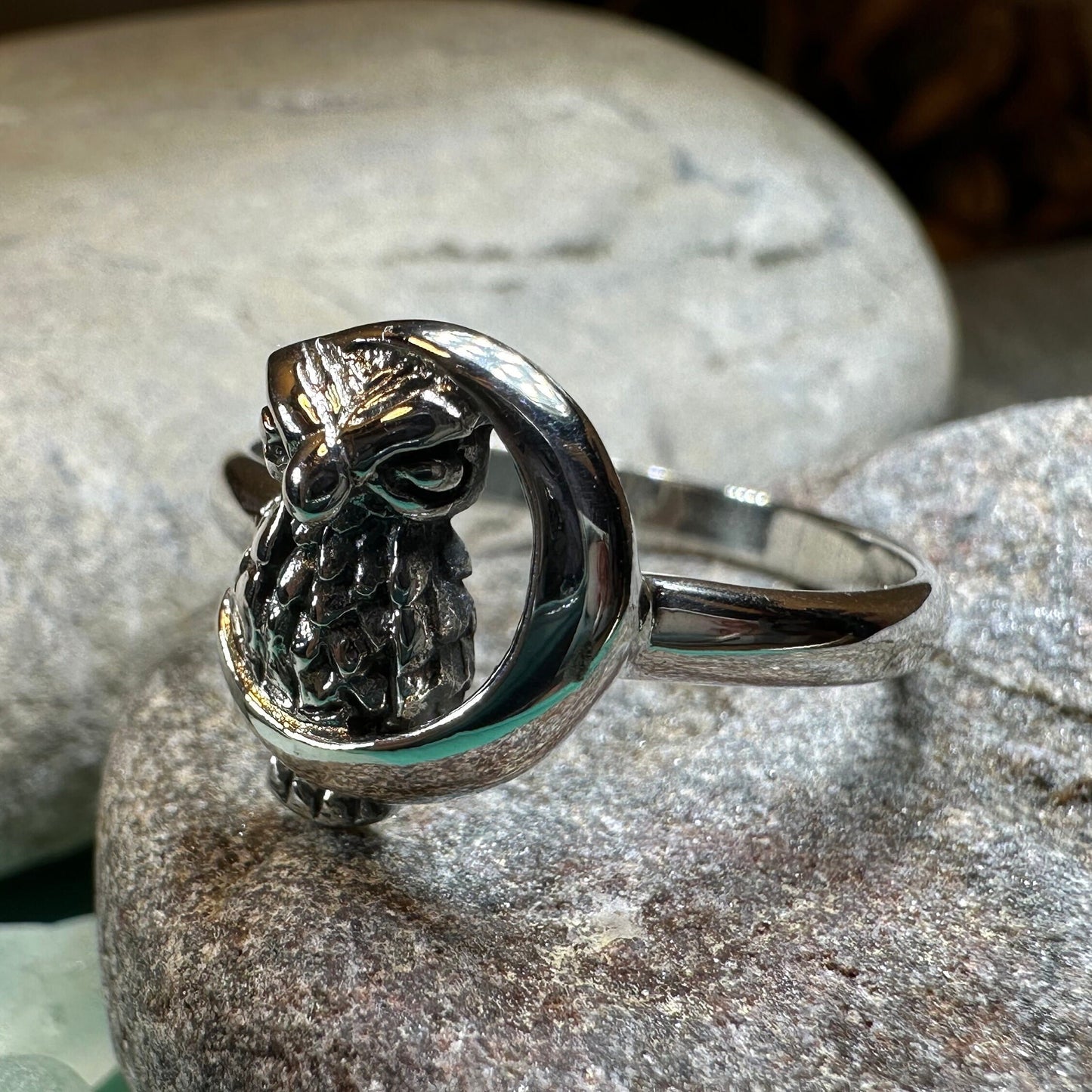 Owl Ring, Moon Jewelry, Silver Owl Jewelry, Nature Jewelry, Celtic Jewelry, Anniversary Gift, Wiccan Jewelry, Pagan Jewelry, Crescent Moon