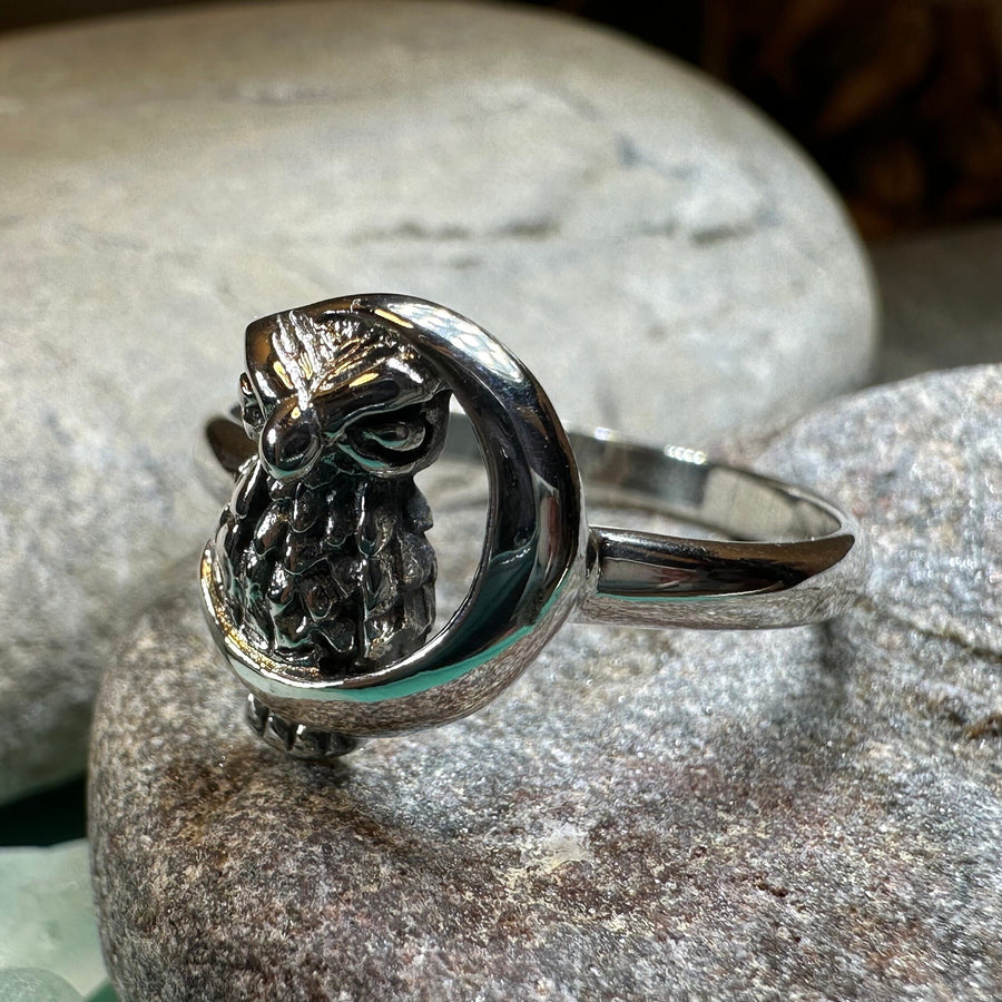 Owl Ring, Moon Jewelry, Silver Owl Jewelry, Nature Jewelry, Celtic Jewelry, Anniversary Gift, Wiccan Jewelry, Pagan Jewelry, Crescent Moon