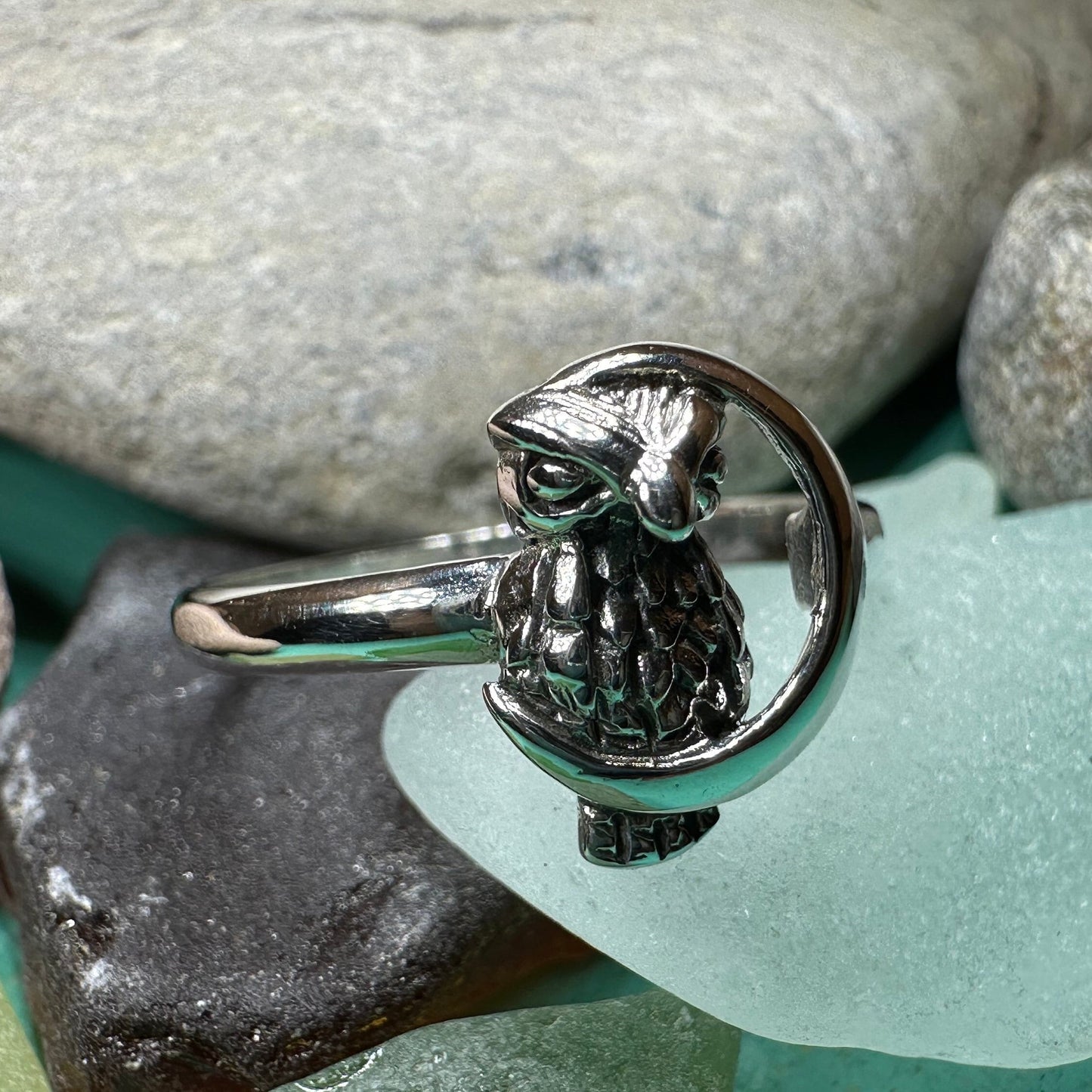 Owl Ring, Moon Jewelry, Silver Owl Jewelry, Nature Jewelry, Celtic Jewelry, Anniversary Gift, Wiccan Jewelry, Pagan Jewelry, Crescent Moon