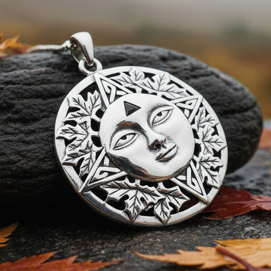 Sun Necklace, Celestial Jewelry, Oak Leaf Jewelry, Wiccan Jewelry, Pagan Pendant, Mystical Jewelry, Anniversary Gift, Celtic Jewelry