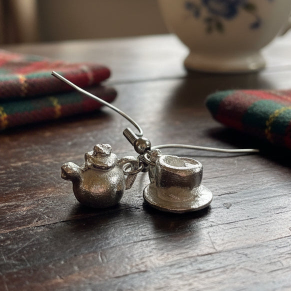 Teapot & Cup Earrings, Irish Jewelry, Tea Drinker Gift, Celtic Jewelry, Mom Gift, Wife Gift, Girlfriend Gift, Pewter Teacup Gift