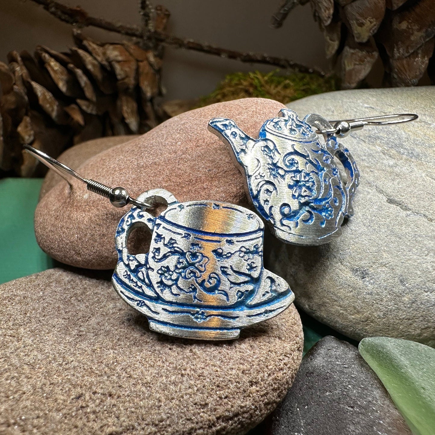 Teapot & Cup Earrings, Irish Jewelry, Tea Drinker Gift, Celtic Jewelry, Mom Gift, Wife Gift, Girlfriend Gift, Pewter Teacup Gift