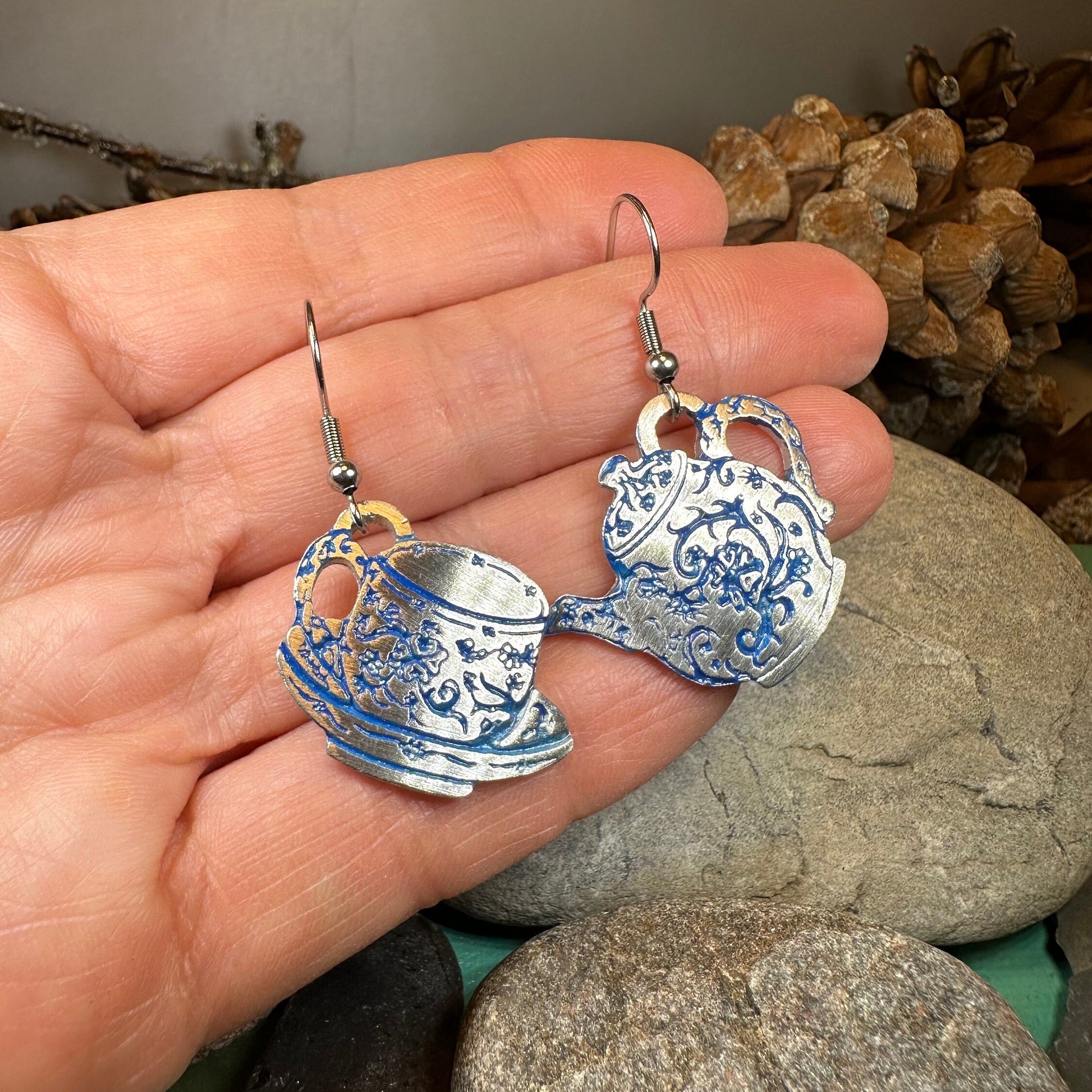 Teapot & Cup Earrings, Irish Jewelry, Tea Drinker Gift, Celtic Jewelry, Mom Gift, Wife Gift, Girlfriend Gift, Pewter Teacup Gift
