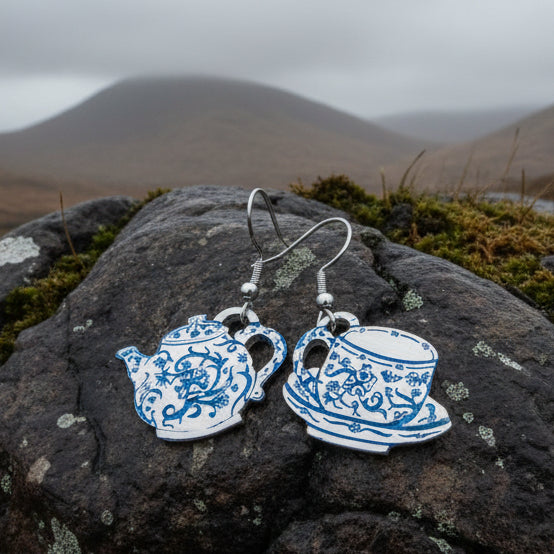 Teapot & Cup Earrings, Irish Jewelry, Tea Drinker Gift, Celtic Jewelry, Mom Gift, Wife Gift, Girlfriend Gift, Pewter Teacup Gift