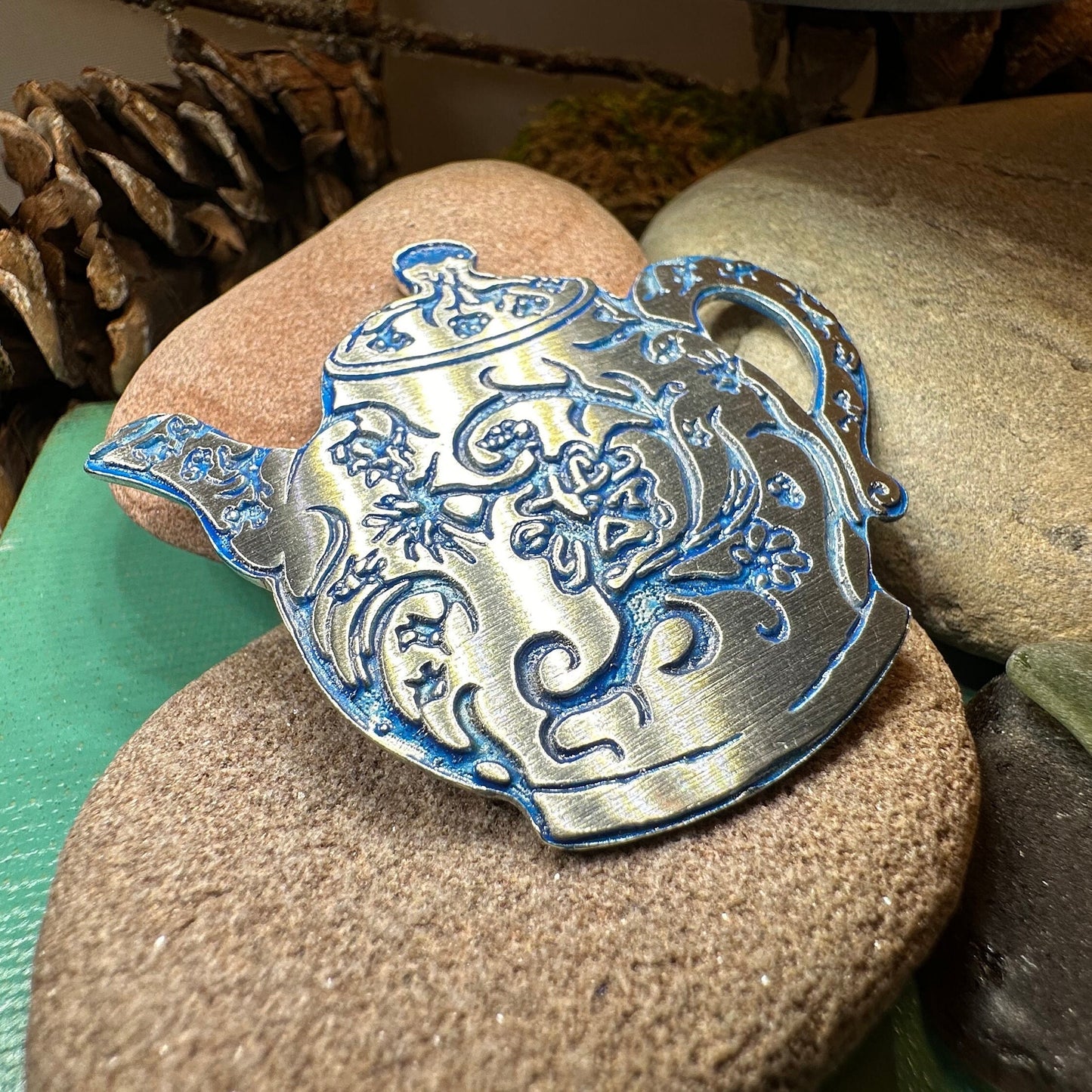 Teapot Brooch, Irish Jewelry, Tea Drinker Gift, Celtic Jewelry, Mom Gift, Wife Gift, Girlfriend Gift, Pewter Teacup Gift, Blue Ladies Pin