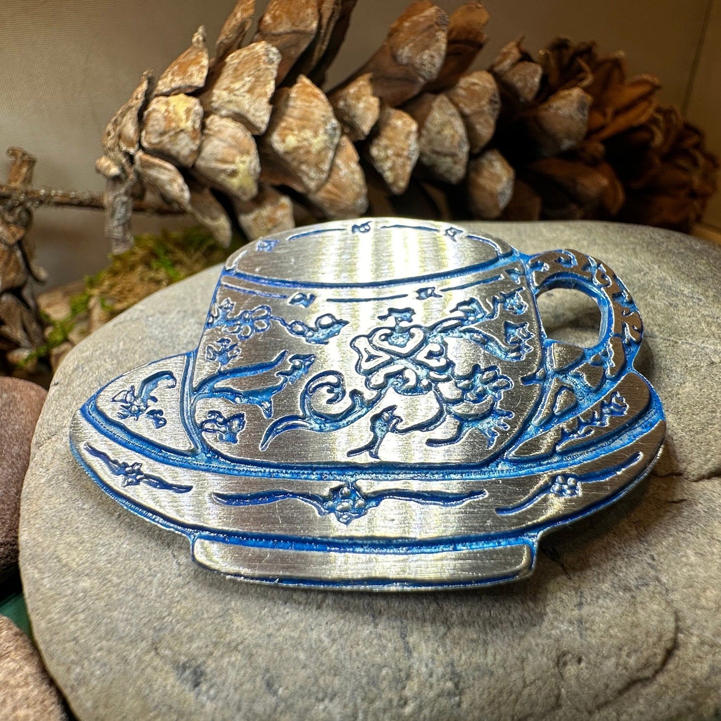 Teacup Brooch, Irish Jewelry, Tea Drinker Gift, Celtic Jewelry, Mom Gift, Wife Gift, Girlfriend Gift, Pewter Teacup Gift, Blue Ladies Pin
