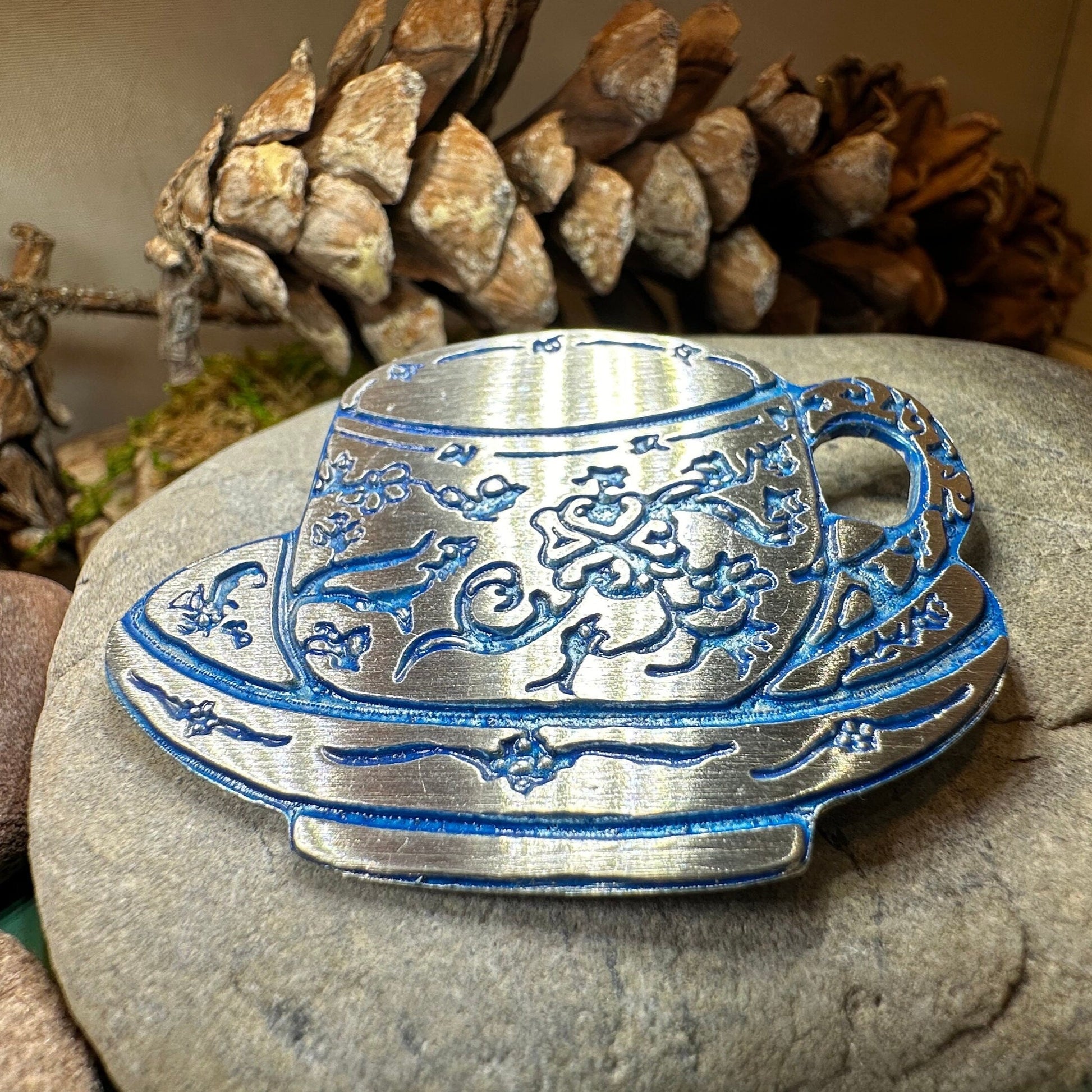 Teacup Brooch, Irish Jewelry, Tea Drinker Gift, Celtic Jewelry, Mom Gift, Wife Gift, Girlfriend Gift, Pewter Teacup Gift, Blue Ladies Pin