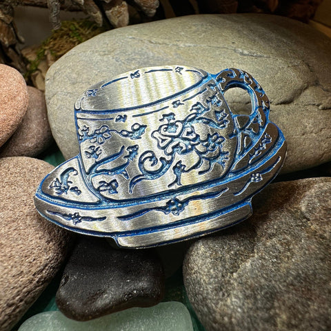 Load image into Gallery viewer, Teacup Brooch, Irish Jewelry, Tea Drinker Gift, Celtic Jewelry, Mom Gift, Wife Gift, Girlfriend Gift, Pewter Teacup Gift, Blue Ladies Pin
