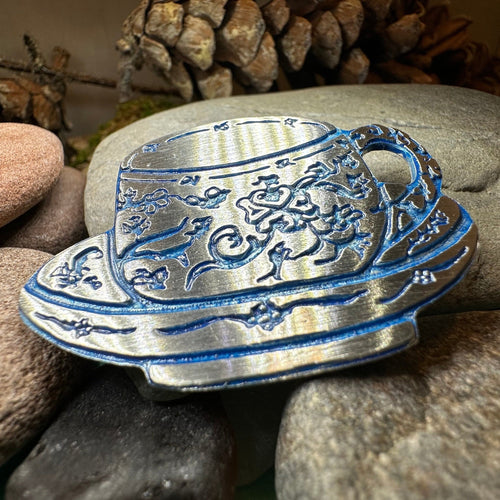 Teacup Brooch, Irish Jewelry, Tea Drinker Gift, Celtic Jewelry, Mom Gift, Wife Gift, Girlfriend Gift, Pewter Teacup Gift, Blue Ladies Pin